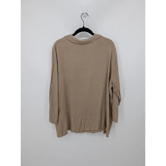 CP Shades Button Up Top Womens Medium Tan Rayon Long Sleeve Pockets Lagenlook - Picture 4 of 7